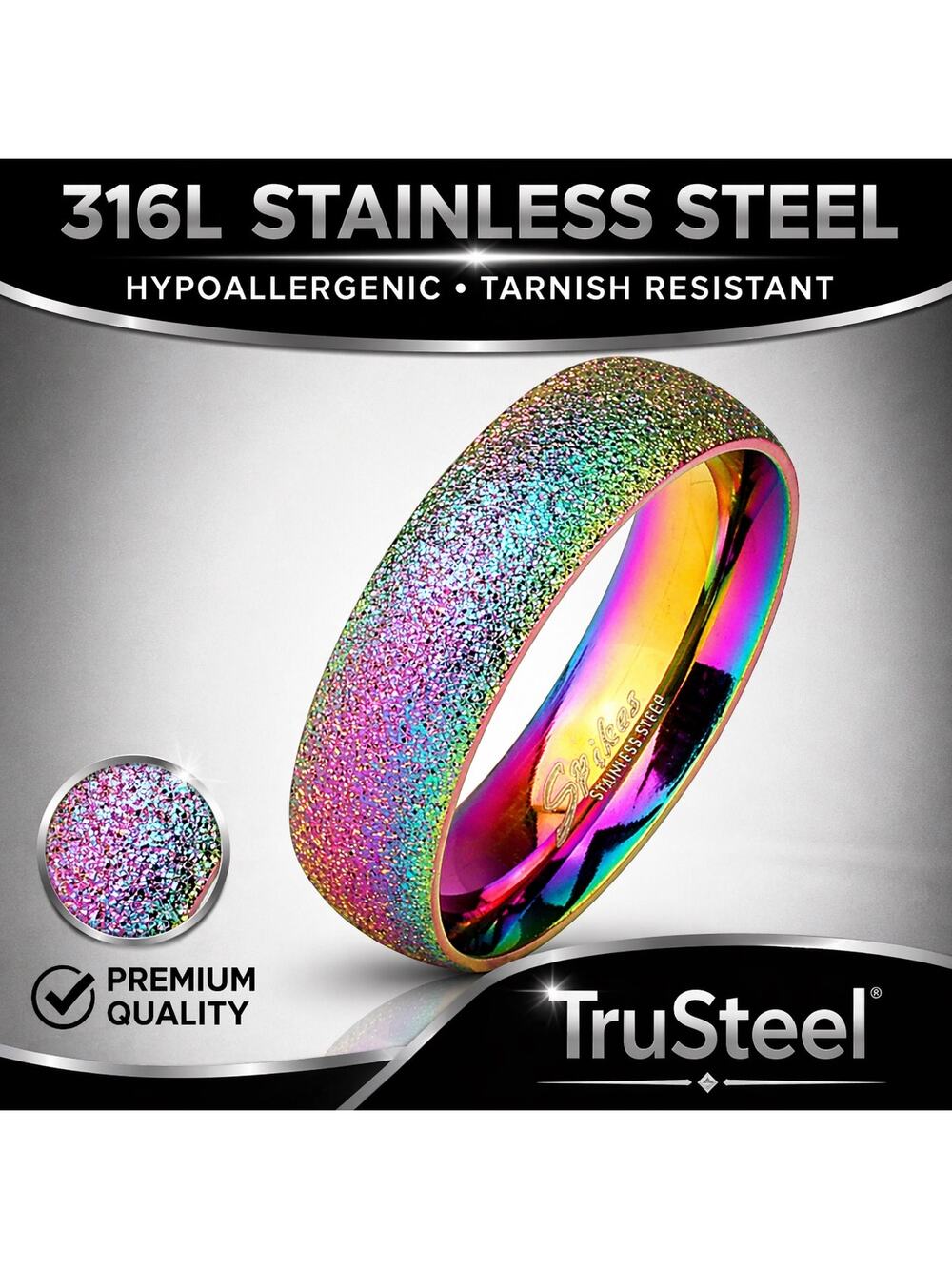 Men’s Sand Blast Finish Rainbow Dome 316L Stainless Steel 6mm ring size 10